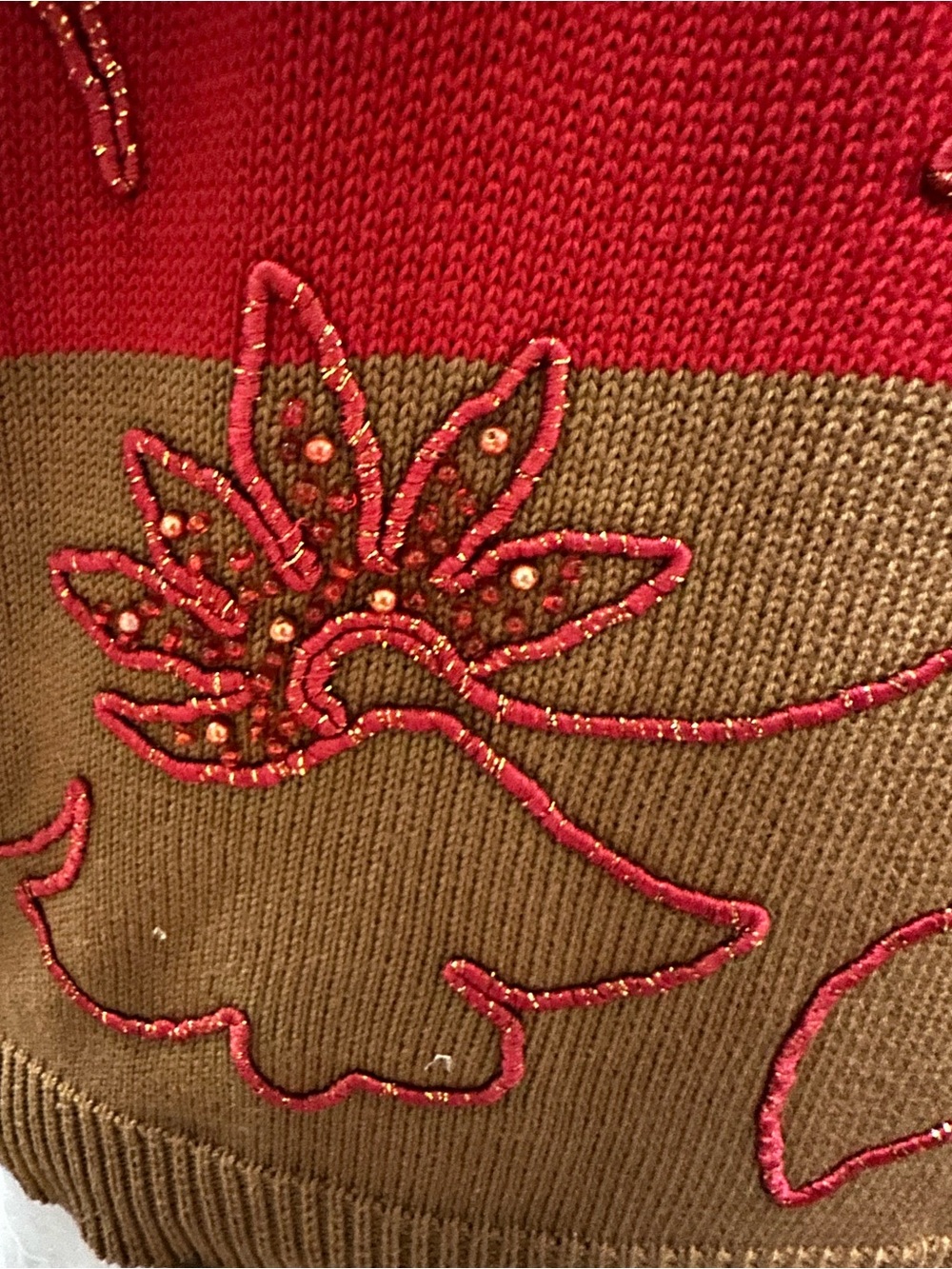 Escada Vintage Orange, Red & Brown Floral Embroidered Beaded Crewneck Sweater - Picture 7 of 12